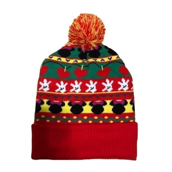 Minnie Mouse Pom Pom Knit Winter Christmas Hat Women’s Red Yellow Disney